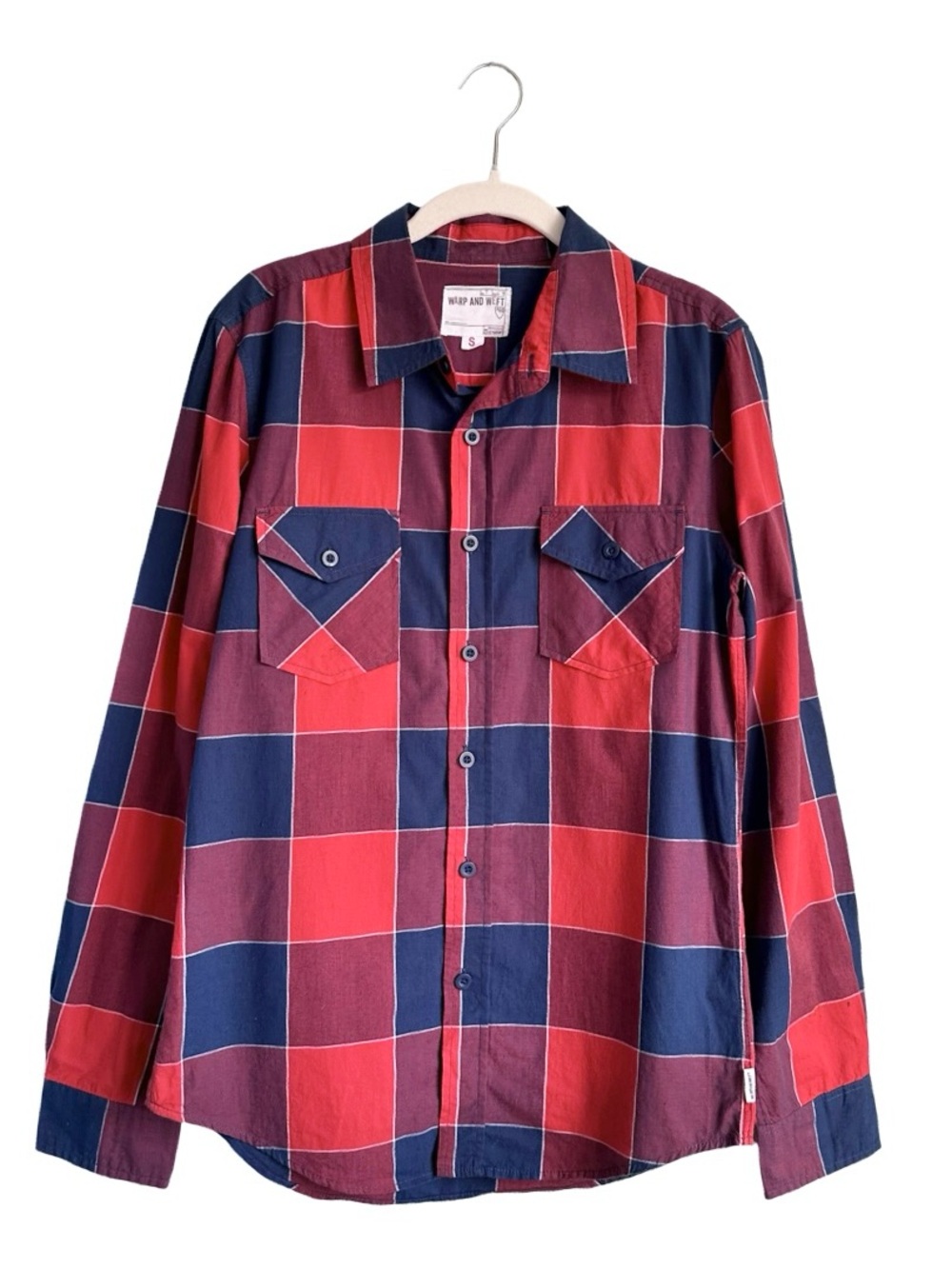 Warp and Weft Men’s Red Navy Plaid Casual Button Up Shirt Size Small